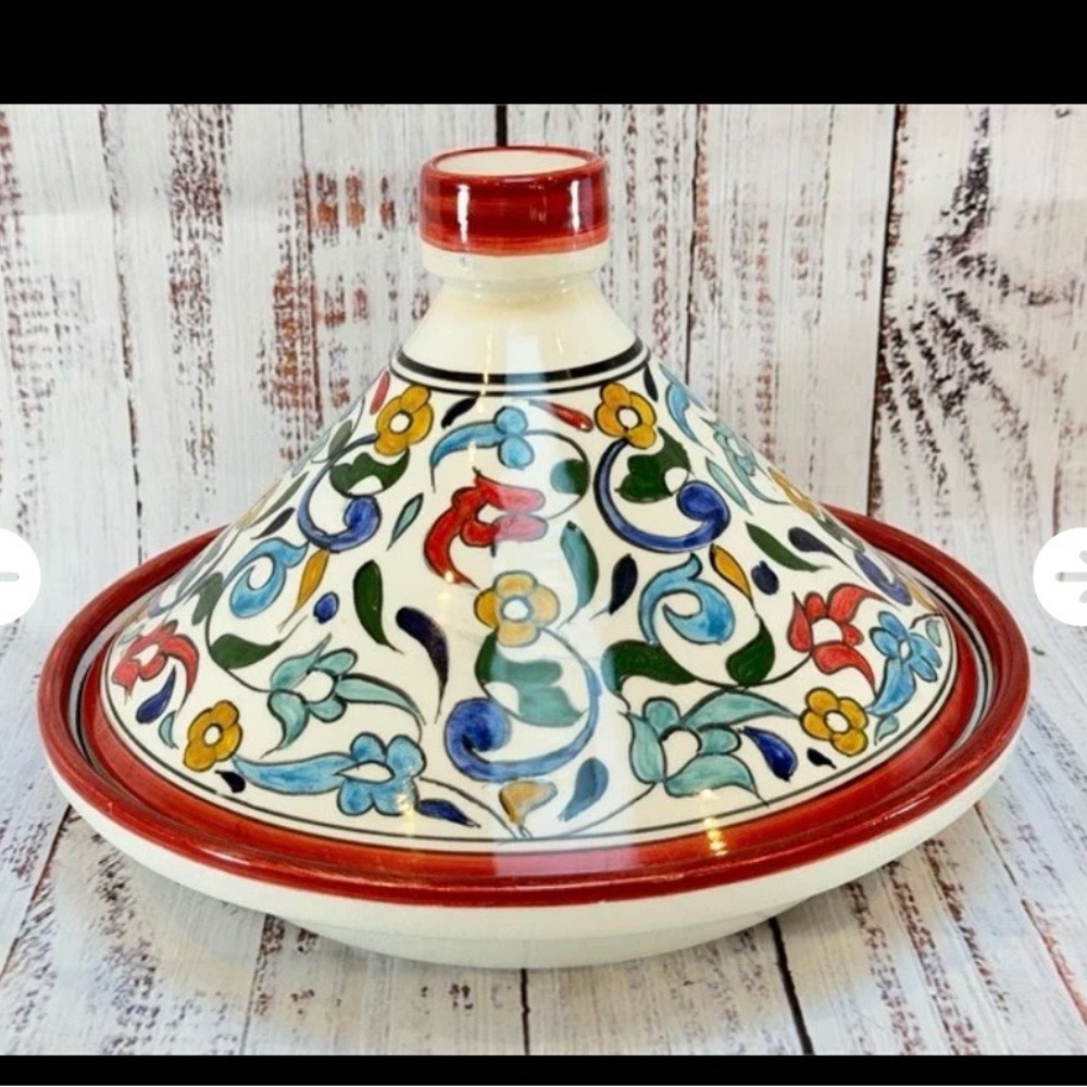 Signed “Art Naji” Tagine, Hand-Painted Vibrant Floral design Red Trim-Glossy